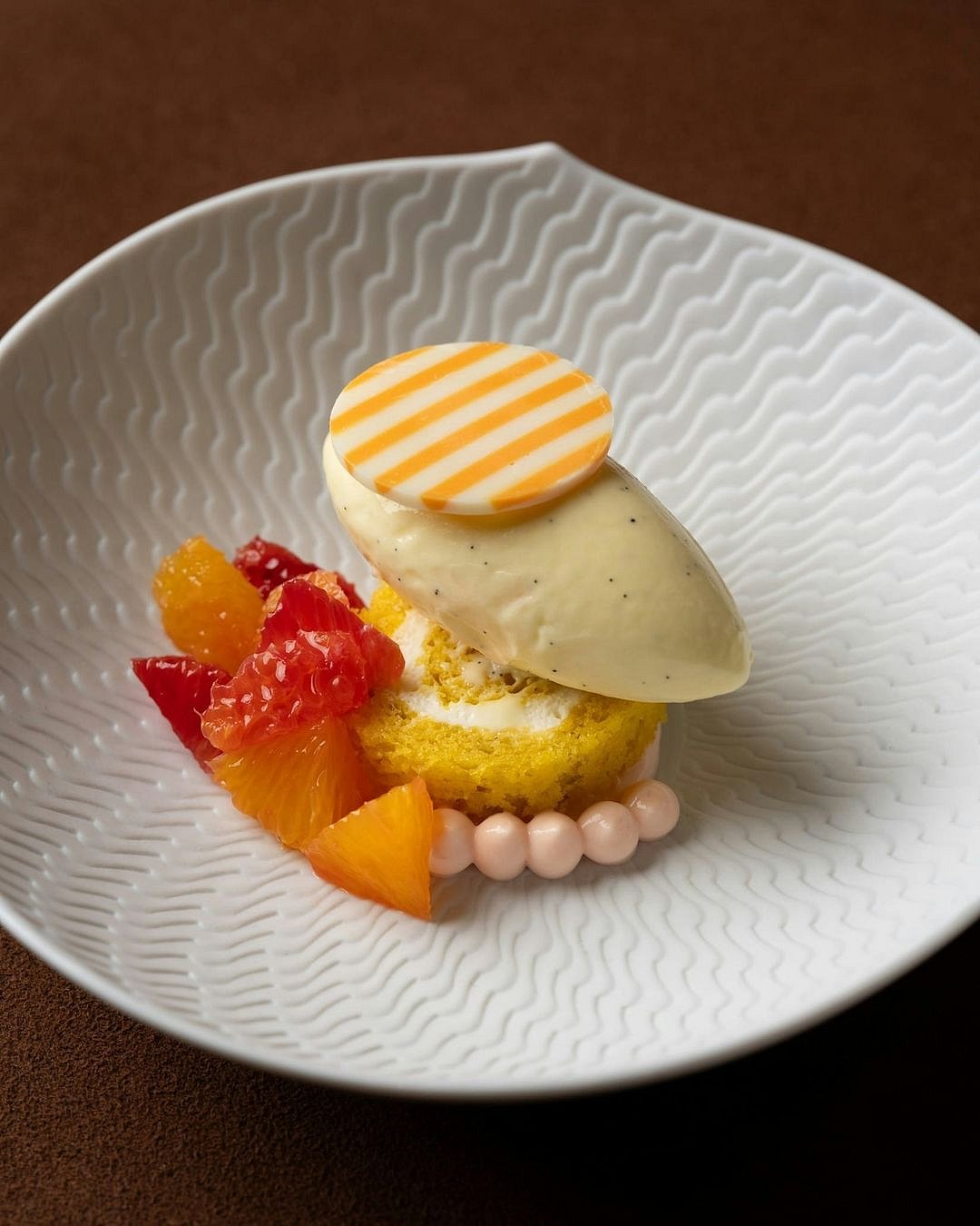 Creamsicle with Makrut Lime Swiss Roll, by Pastry Chef Elaine Smyth. Madagascar Vanilla Bean Ice Cream and Blood Orange Curd.