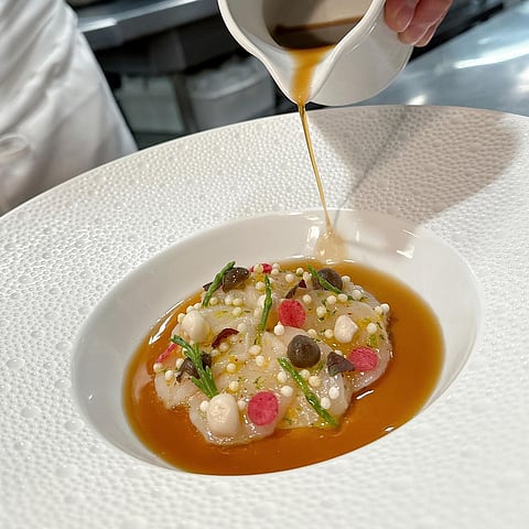 Scallop Carpaccio; Pickled Mushroom and Watermelon Radish, Aromatic Citrus Dashi at Le Bernardin
