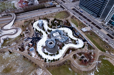 Glide along the Skating Ribbon in Chicago's Maggie Daley Park during Christmas