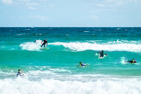 Surfers in the waters off Bondi Beach