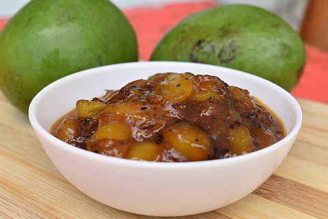 Aam ki launji is a sweet and sour chutney made of raw green mangoes