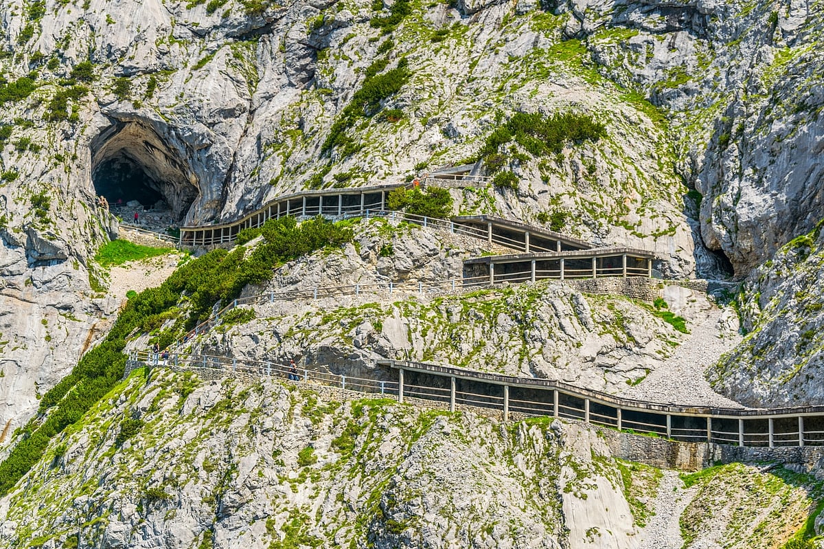 View of a zigzaging mountain road leading to the eisriesenwelt ice cave in Austria