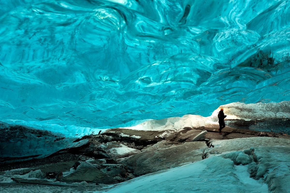 The ice caves in Vatnajökull Glacier are formed during the summer when meltwater flows under the glaciers surface