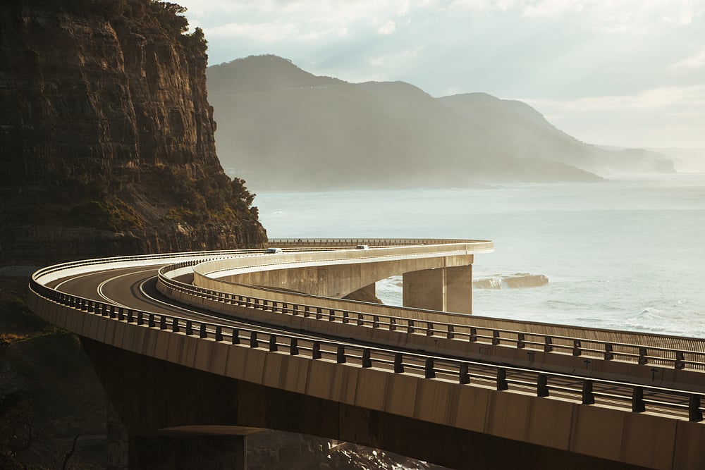 A sea cliff bridge at sunrise in NSW, Australia