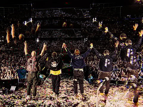 Coldplay during a performance in Auckland, New Zealand