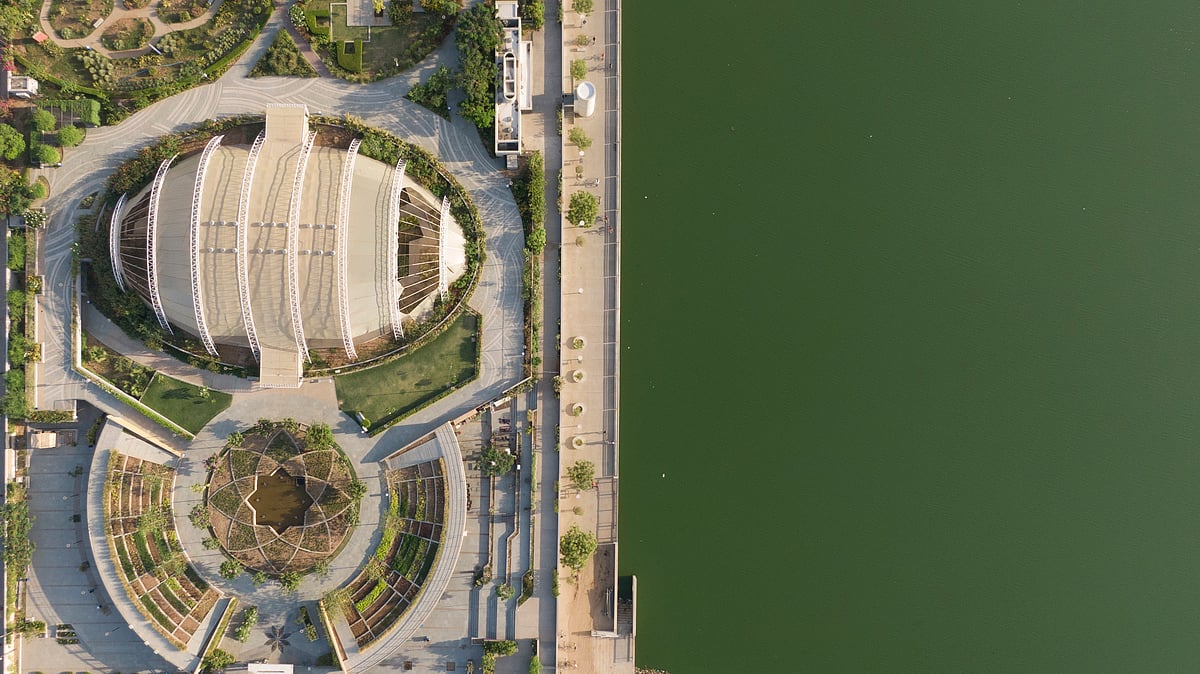 Aerial view of structures along the Riverfront Road