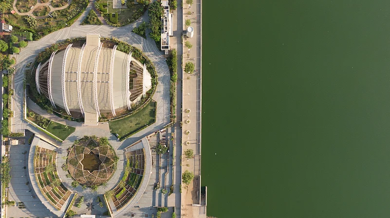 Aerial view of structures along the Riverfront Road