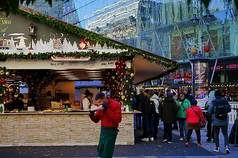 Christmas market pavilions at Vorosmarty square. Vörösmarty