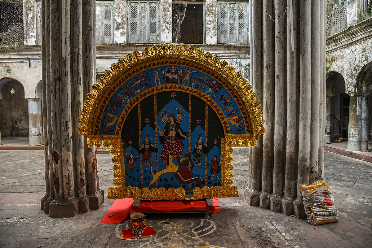 A Pateshwari Durga painted canvas worshipped inside the 300-year-old Lakshmi Narayan Jiu Temple in Bardhaman district
