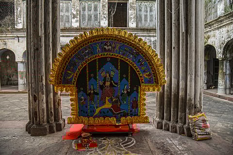 A Pateshwari Durga painted canvas worshipped inside the 300-year-old Lakshmi Narayan Jiu Temple in Bardhaman district
