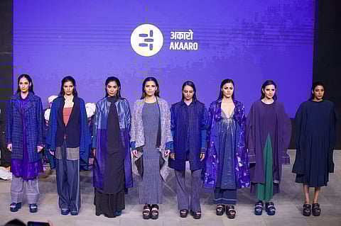 Gaurav Jai Gupta’s Akaaro collection explores the potential of handwoven fabrics by blending materials such as stainless steel, merino wool, and silk