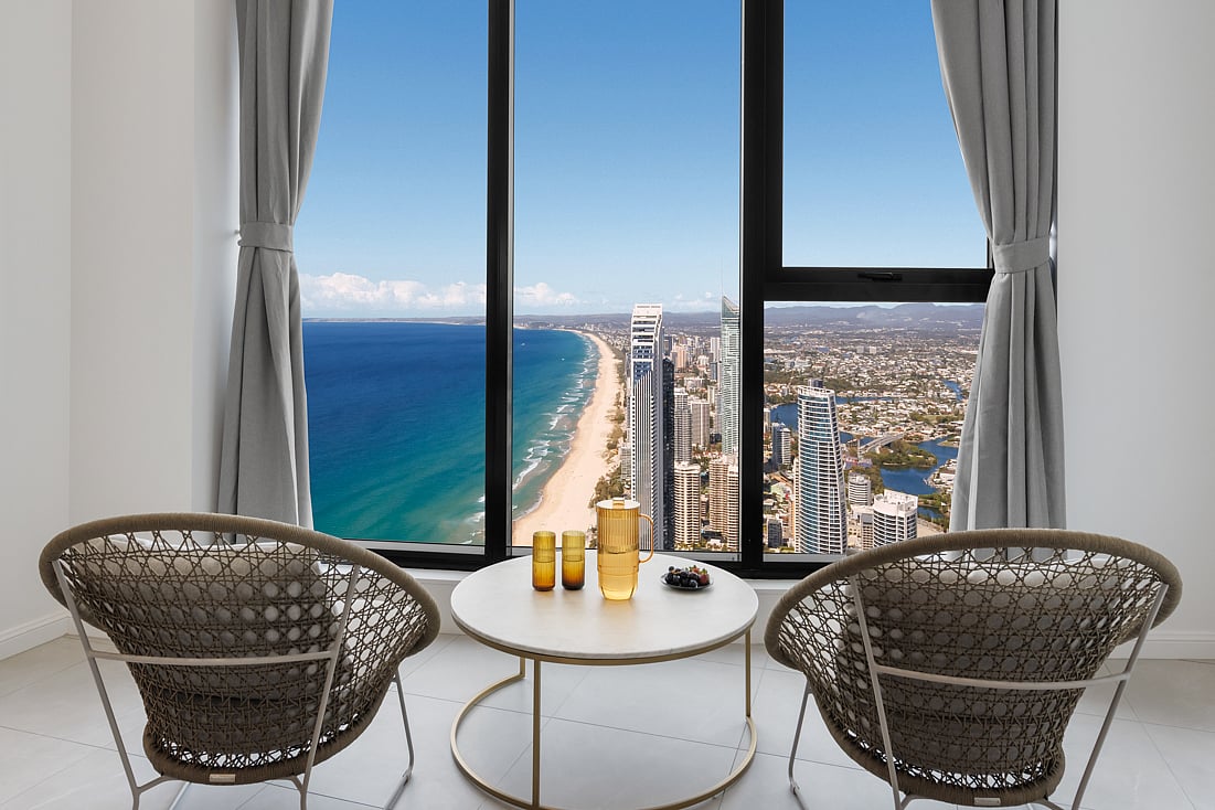 For Indian families, clean and safe accommodations are paramount for having a good trip. Seen here is the Ocean Sky suite by Meriton Suites Surfers Paradise in Gold Coast, Australia