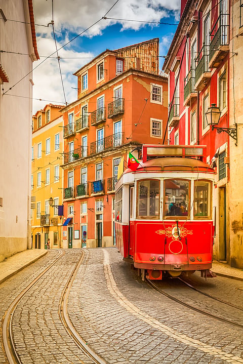 An old tram on the streets of Lisbon, Portugal