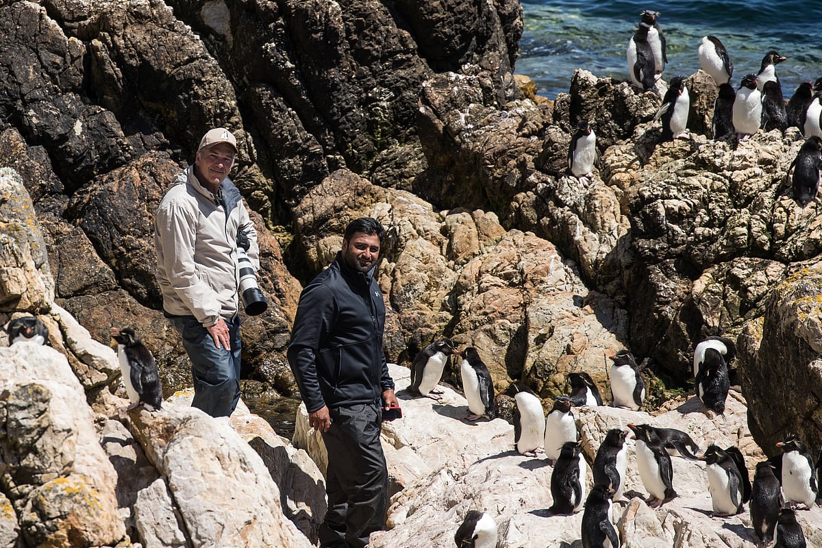 Sanket Reddy (right) with a colleague in the Falkland Islands