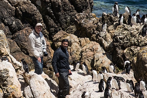 Sanket Reddy (right) with a colleague in the Falkland Islands