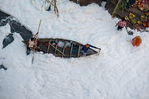 Toxic white foam on the Yamuna River in New Delhi
