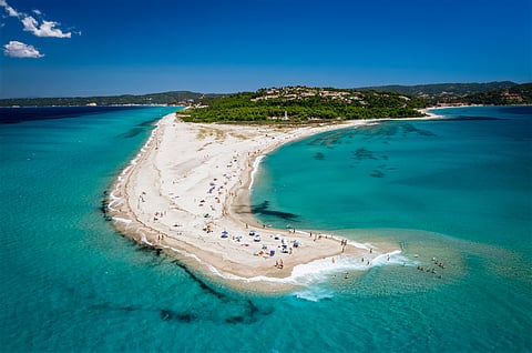 Drone (aerial) view of a beautiful beach on Possidi Cape on Kassandra peninsula, Halkidiki (Chalkidiki), Greece