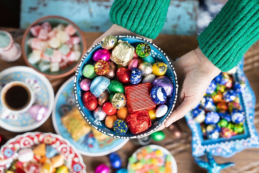 Turkish coffee with colourful Eid candy, Turkish Delight, and baklava