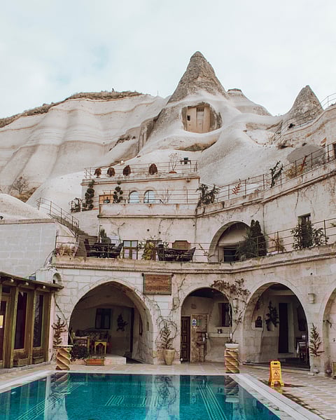 A view of a cave hotel in Cappadocia