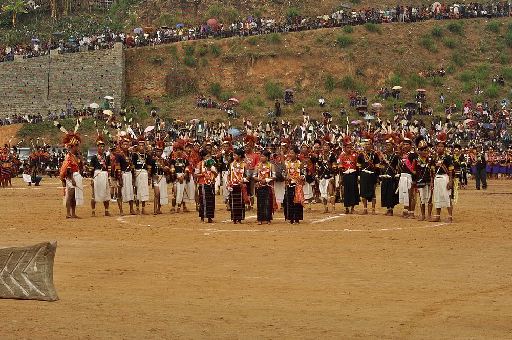 People in traditional costumes during the Aoleang festival in Mon