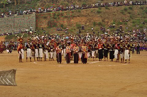 People in traditional costumes during the Aoleang festival in Mon