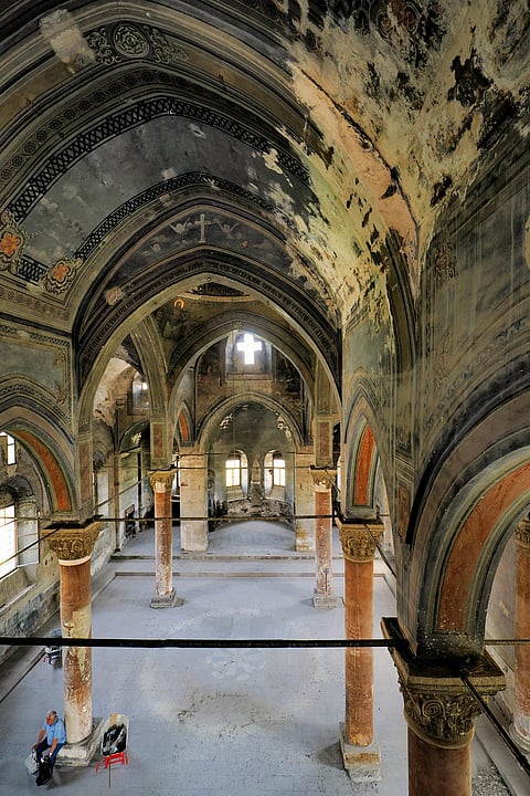 Interior view of Christian orthodox church of Saints Theodoroi, which is under restoration at Derinkuyu in Cappadocia