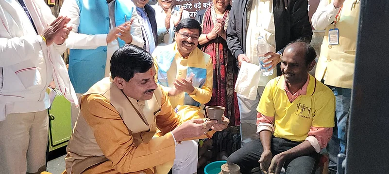 Madhya Pradesh chief minister Mohan Yadav (left) tries his hand at pottery
