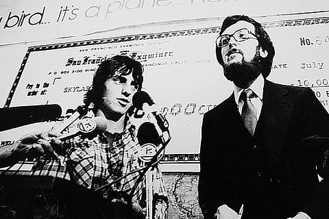 Stan Thornton while delivering the first piece of Skylab to a San Francisco newspaper