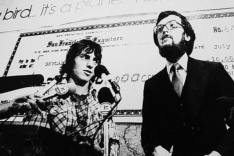 Stan Thornton while delivering the first piece of Skylab to a San Francisco newspaper