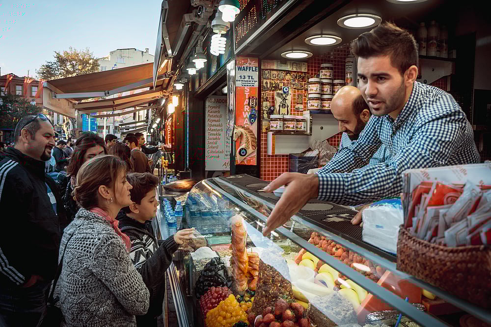 An ice-cream stand at a street market in Ortakoy Square in Istanbul