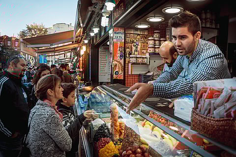 An ice-cream stand at a street market in Ortakoy Square in Istanbul