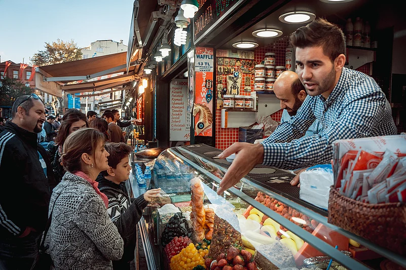 An ice-cream stand at a street market in Ortakoy Square in Istanbul