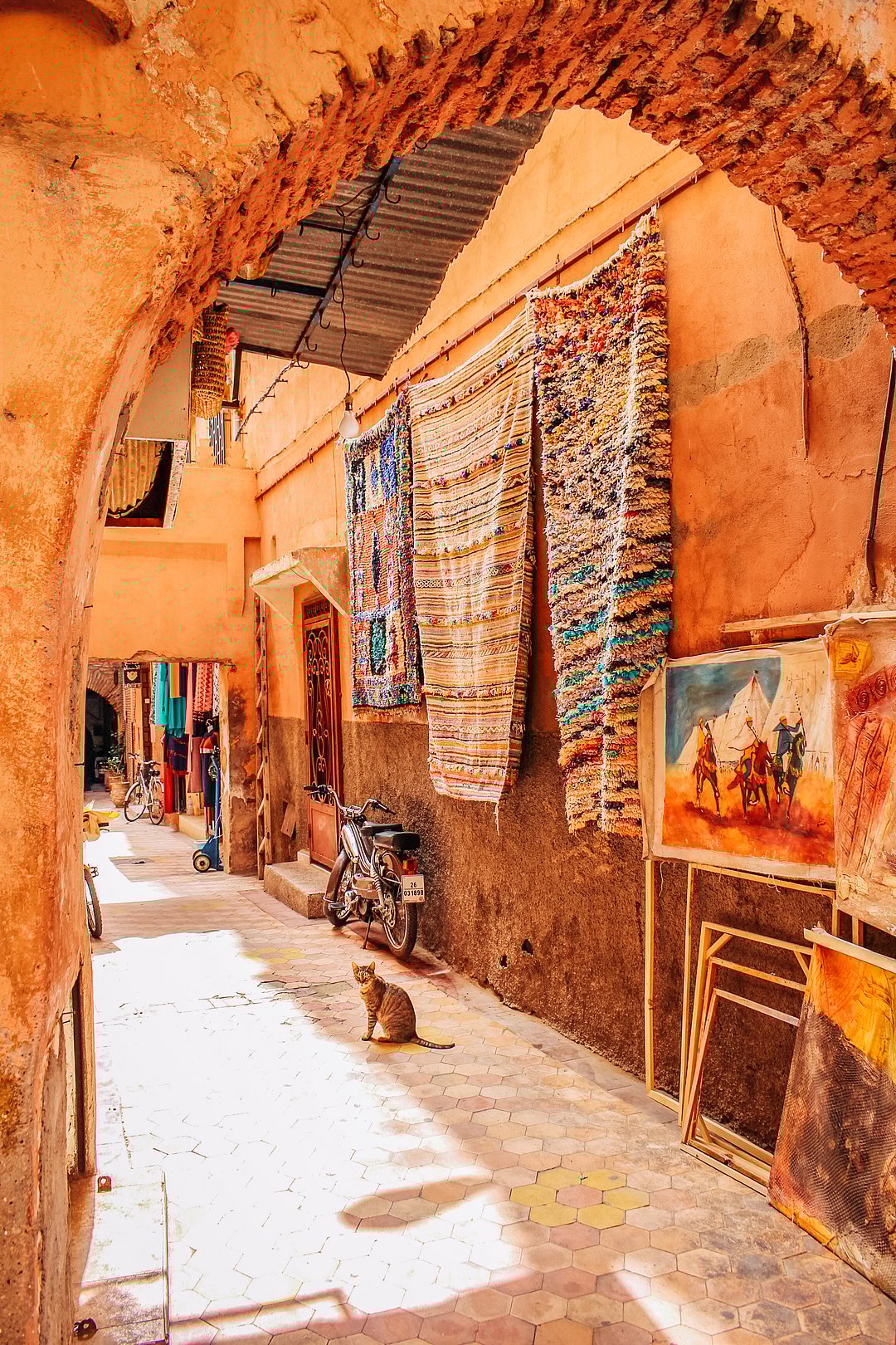 Market in Alleyway with red walls in Marrakech Medina souks