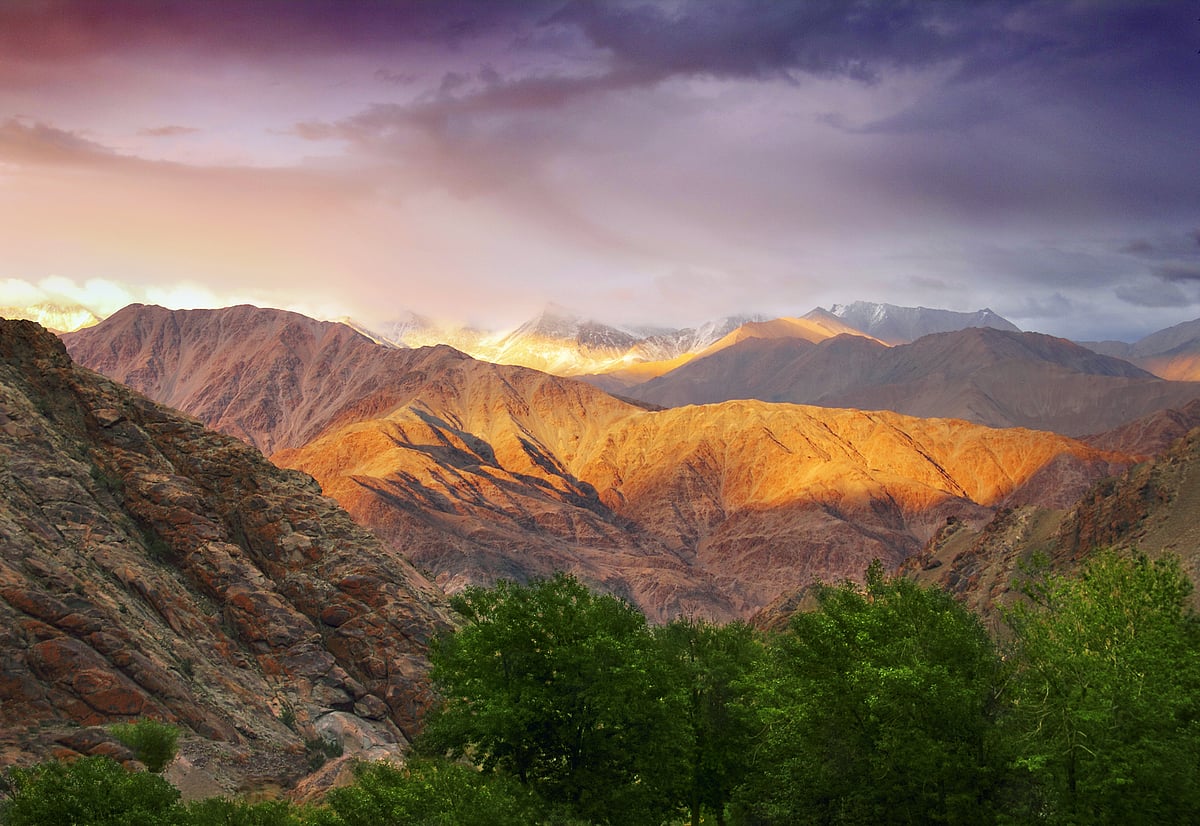 Sunset colours of the mountains near Hemis village in the Leh district