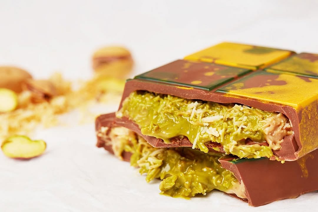 The chocolate bar is filled with crunchy pistachios and layers of knafeh