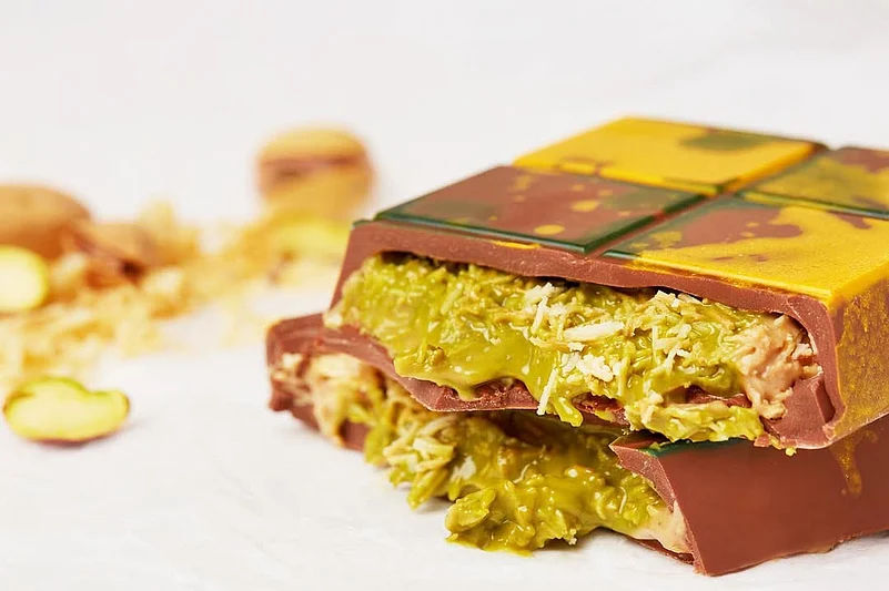 The chocolate bar is filled with crunchy pistachios and layers of knafeh