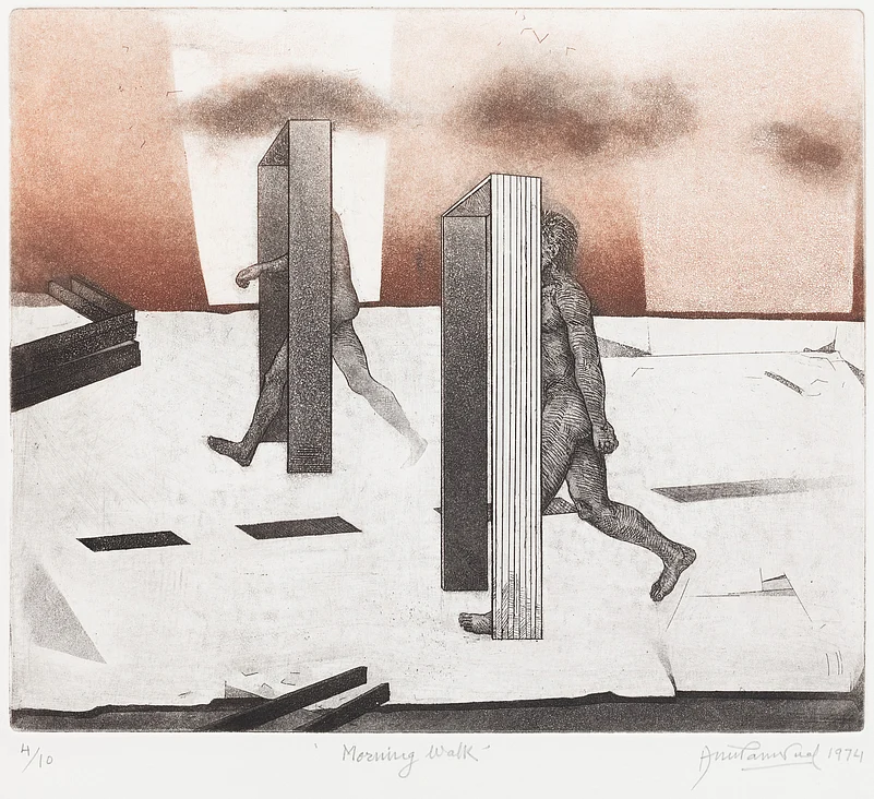 Morning Walk, Etching, 26.2 X 29.8 cm, 1974, Anupam Sud