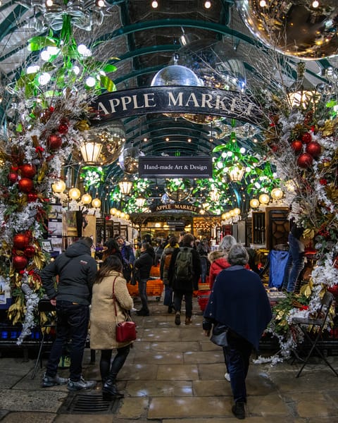 A view of the beautiful Apple Market in Covent Garden during Christmastime in London, UK