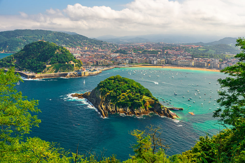 Aerial view of the turquoise bay of San Sebastian in Basque country, Spain