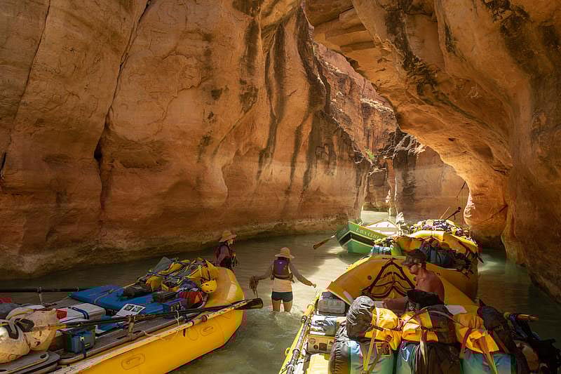 Rafts parked at the mouth of Havasu Creek, a popular hiking stop along the Colorado River