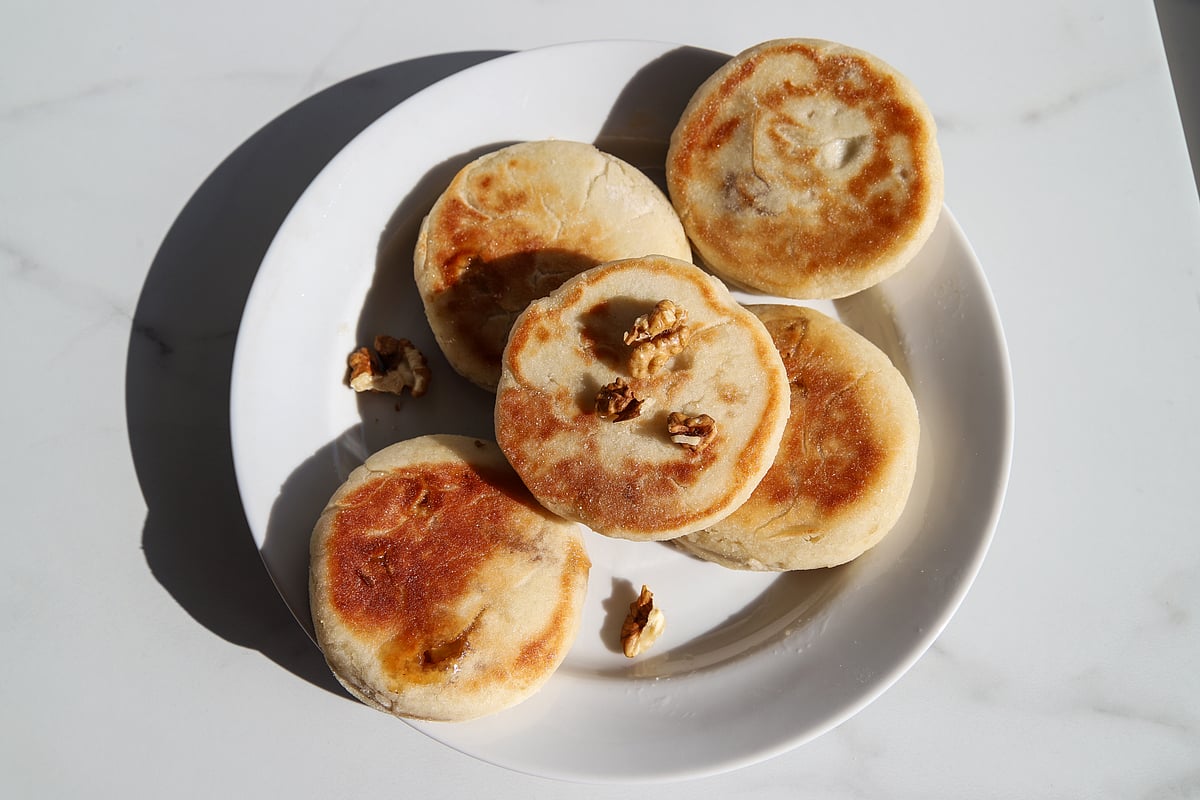 Hotteok are gooey pancakes filled with cinnamon and nuts