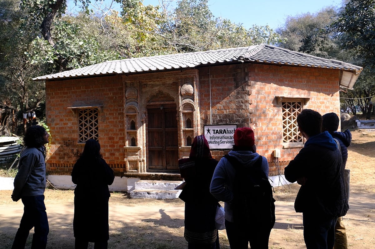 A building at the TARAgram campus that was made with rat-trap masonry techniques