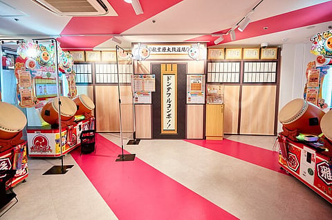 Some of the Taiko no Tatsujin drum machines at Namco Akihabara