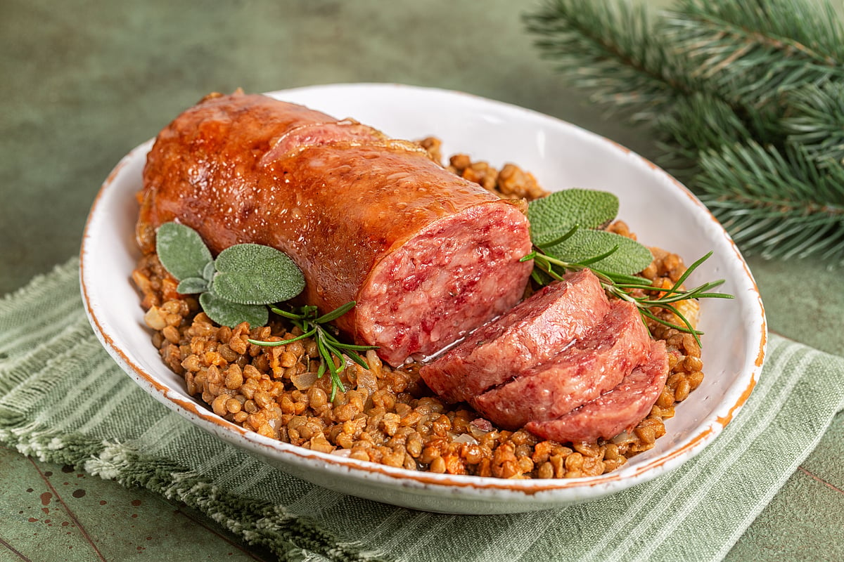 Cotechino con lenticchie is a sausage and lentil stew that is said to bring good luck