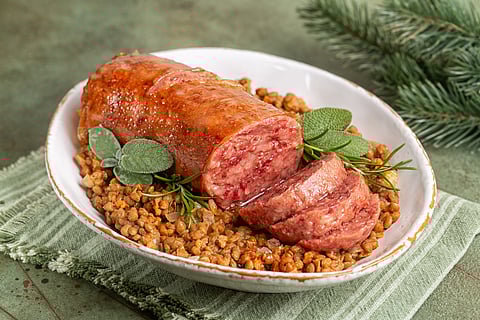 Cotechino con lenticchie is a sausage and lentil stew that is said to bring good luck