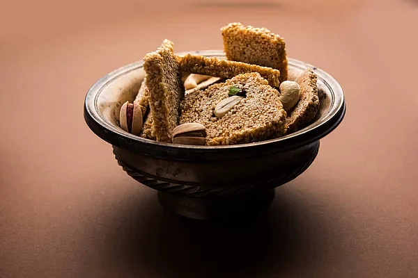 Gajak squares in a bowl