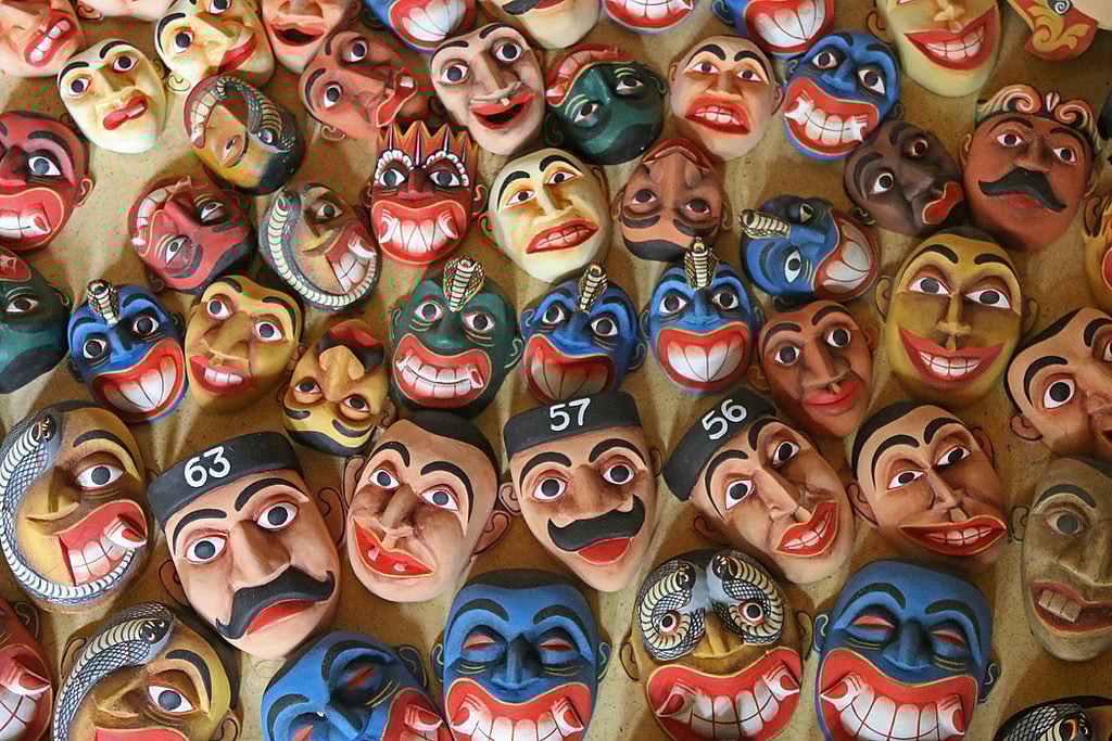 Wooden faces and masks carved and painted in the workshop of the Sri Lankan artist Janaka de Silva at Ambalangoda, southern Sri Lanka.