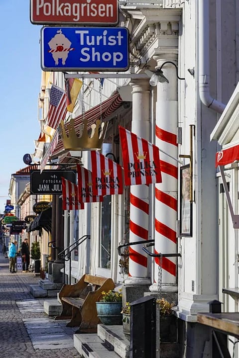 There are candy cane stores lining the streets of the town
