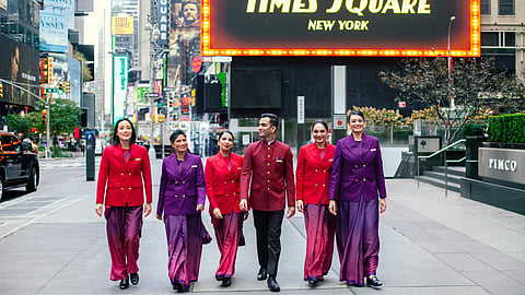 Air India's cabin crew strolling through Times Square, New York