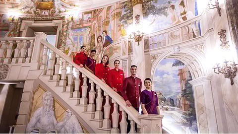 Air India's cabin crew in the stunning Rotunda Room at The Pierre, a Taj Hotel, in New York